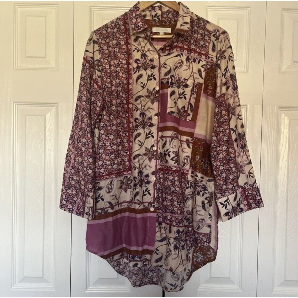 Women’s Everyday Ritual Button Sleep Shirt Pink Beige Size Small